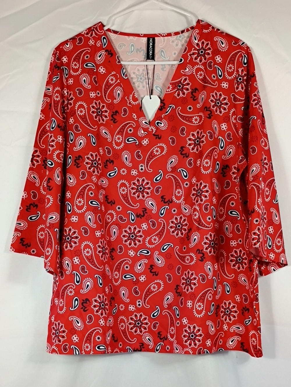 NWT Noracora Blouse Women’s XL Red Black Paisley Print 3/4 Sleeve Top V-Neck